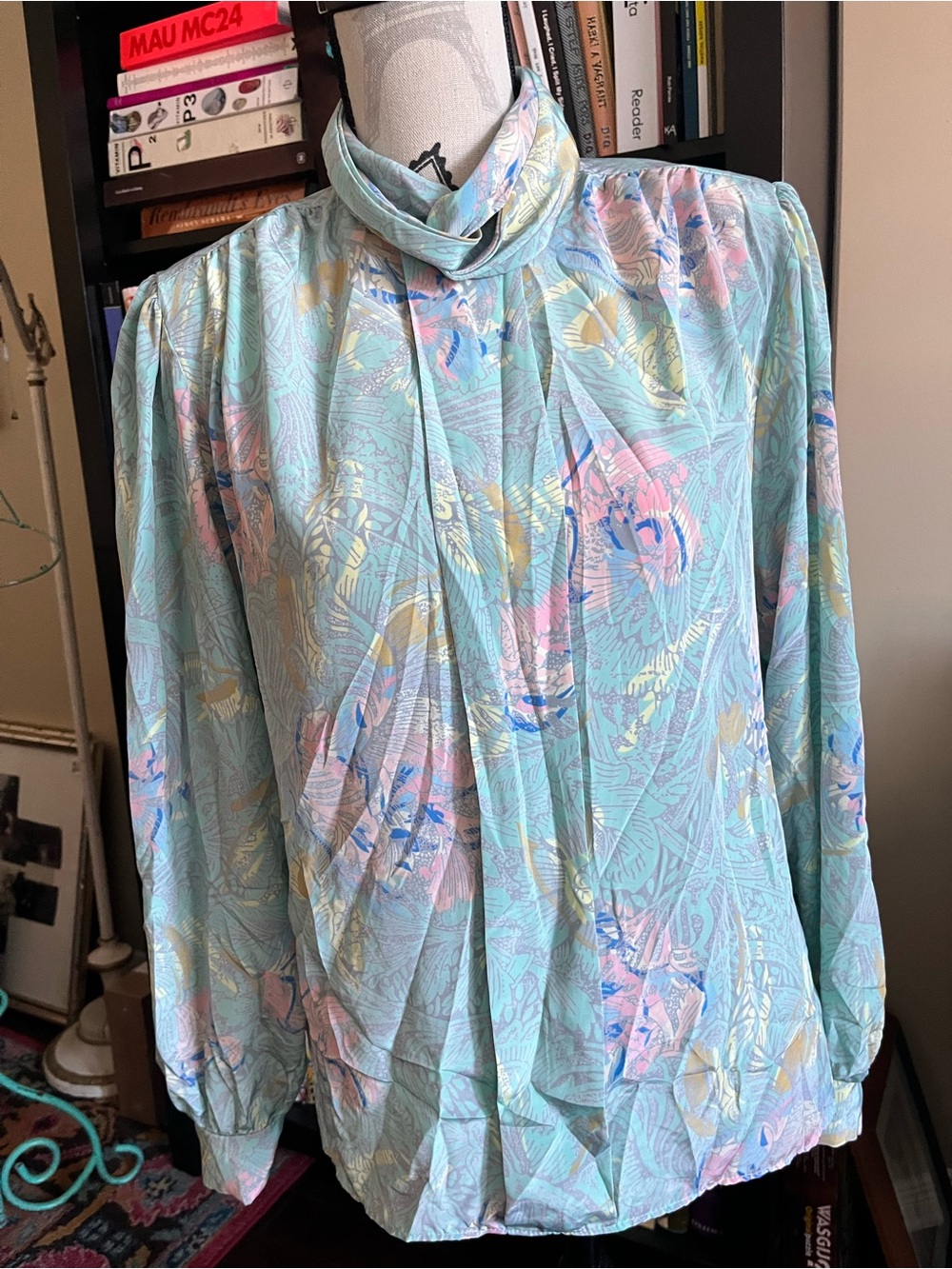 Vintage Mint Pastel Print Long-Sleeve Tie-Neck Blouse